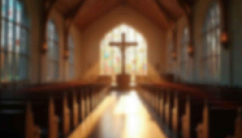 Blurred church interior with cross at altar and sunlight streaming through stained glass windows, creating a peaceful spiritual atmosphere