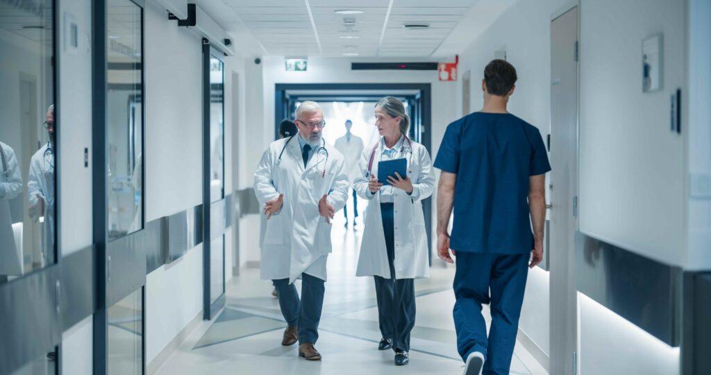 Doctors walking and discussing patient care in a hospital hallway, representing medical teamwork, healthcare professionals, and clinical environment